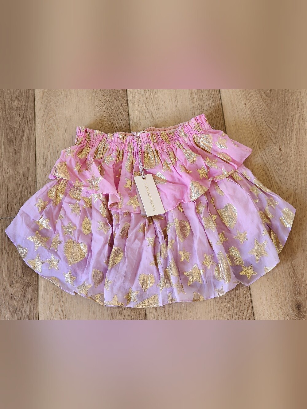 Brand New LoveShackFancy Pink Gold Star & Heart Ruffle Skirt-Medium